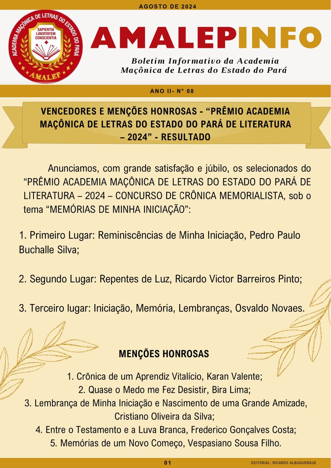 Boletim Informativo da AMALEP - Agosto 2024 - “PRÊMIO ACADEMIA MAÇÔNICA DE LETRAS DO ESTADO DO PARÁ DE LITERATURA – 2024” - RESULTADO