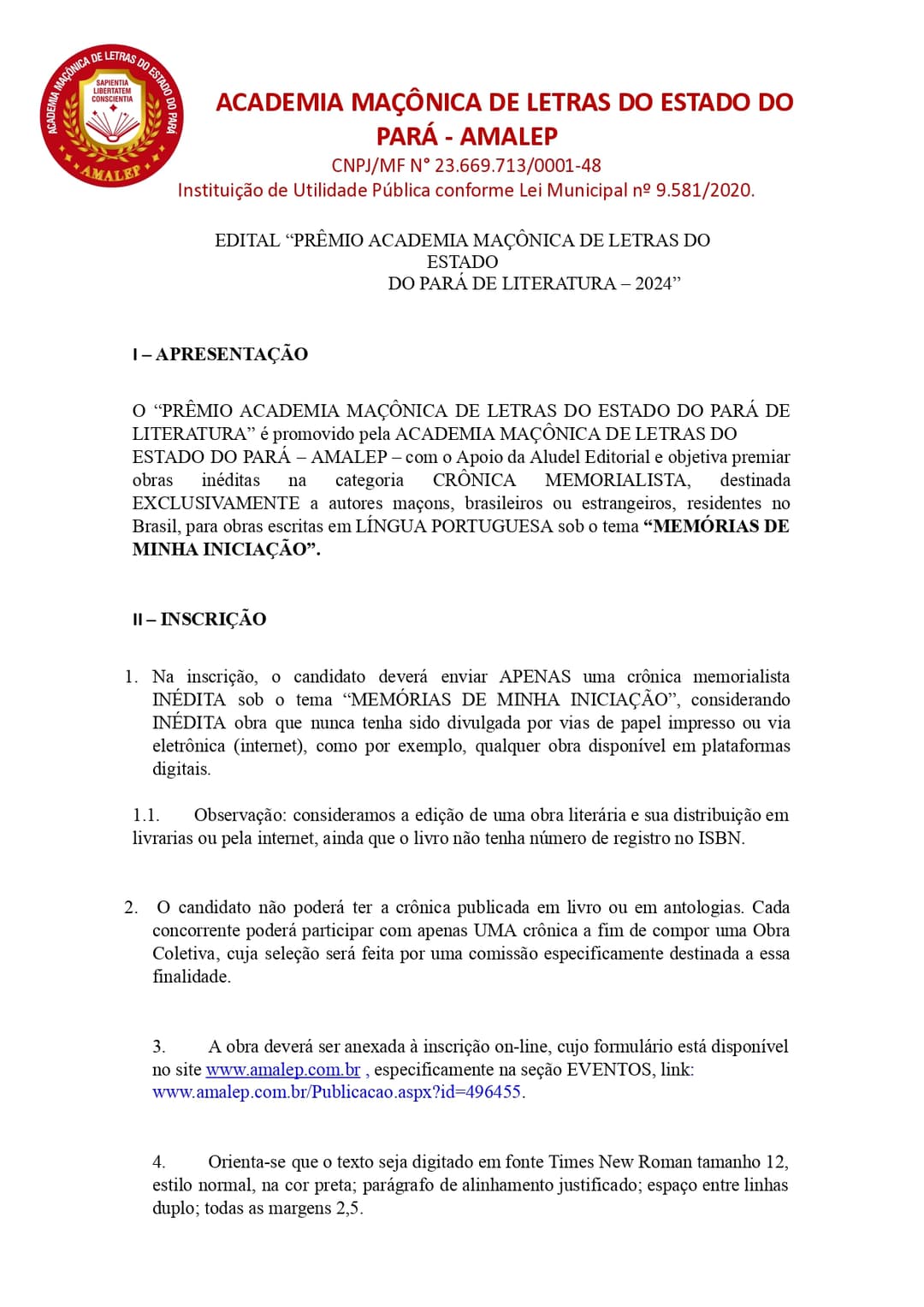 EDITAL “PRÊMIO ACADEMIA MAÇÔNICA DE LETRAS DO ESTADO DO PARÁ DE LITERATURA – 2024”