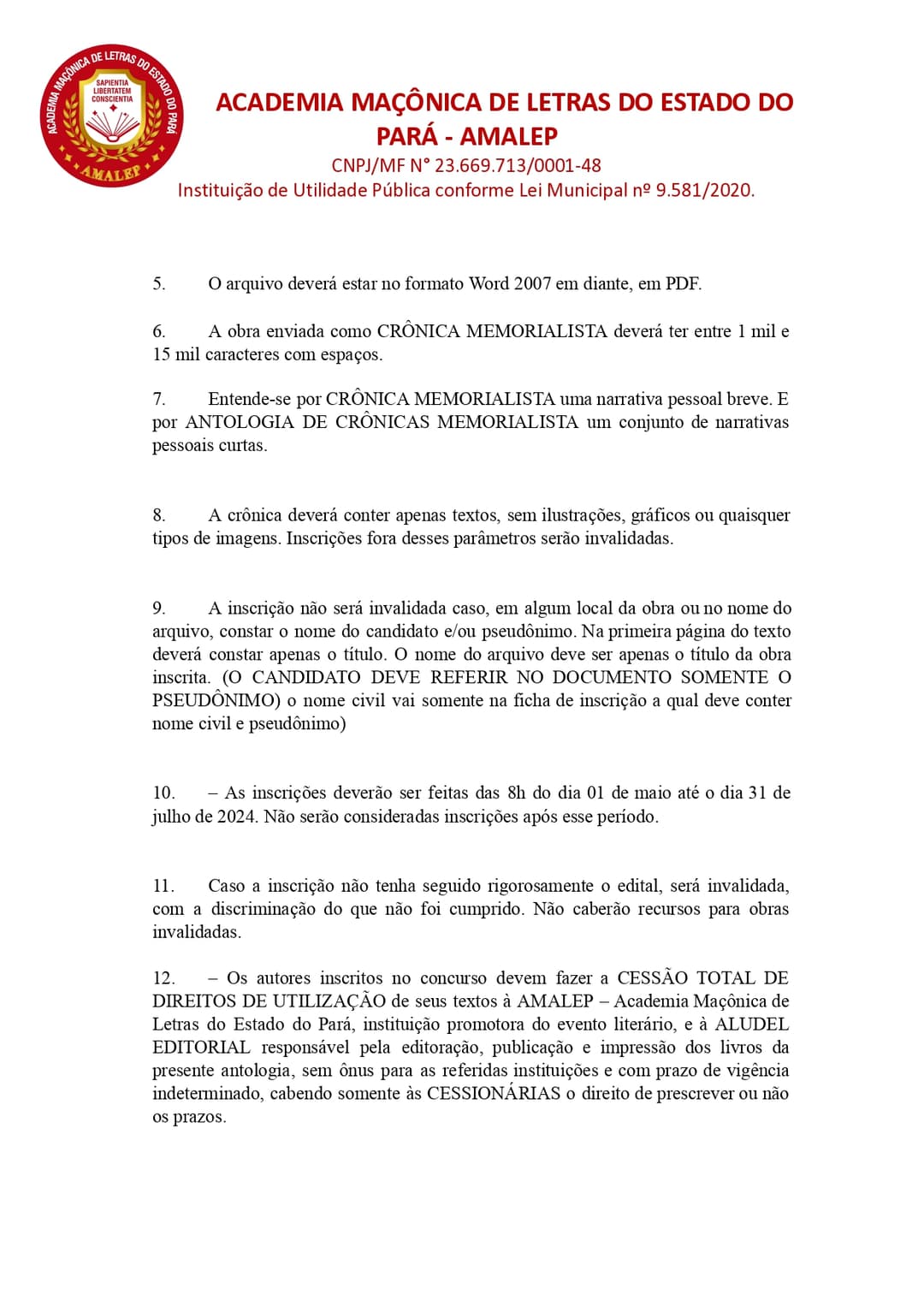 EDITAL “PRÊMIO ACADEMIA MAÇÔNICA DE LETRAS DO ESTADO DO PARÁ DE LITERATURA – 2024”