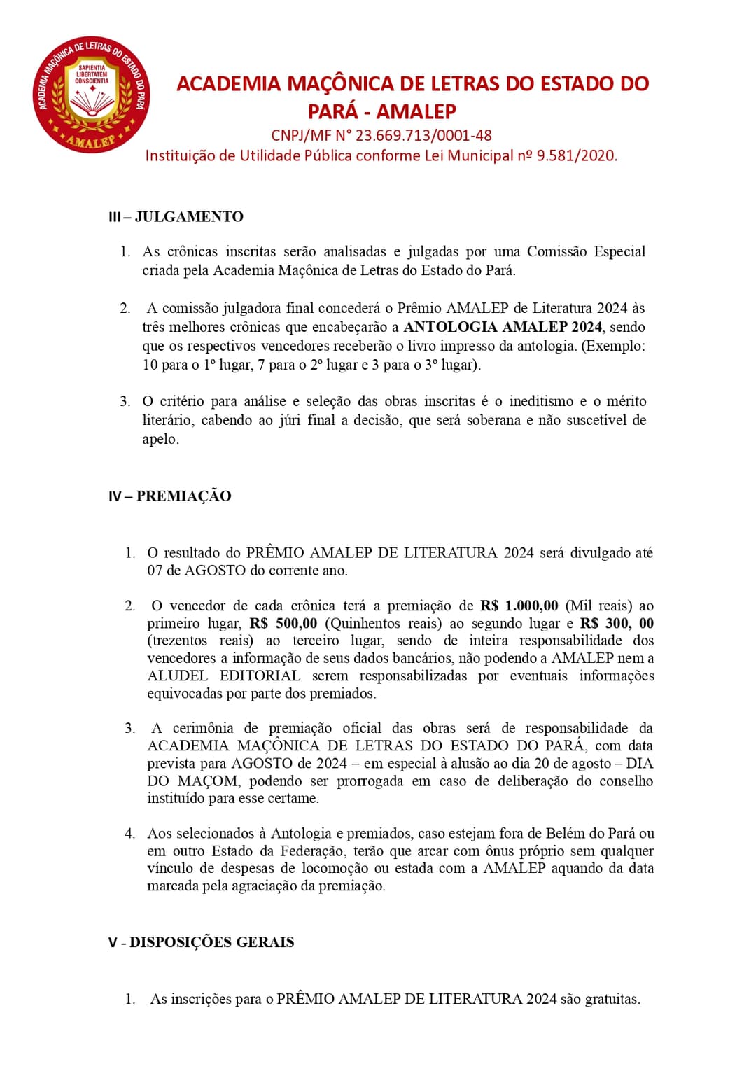 EDITAL “PRÊMIO ACADEMIA MAÇÔNICA DE LETRAS DO ESTADO DO PARÁ DE LITERATURA – 2024”