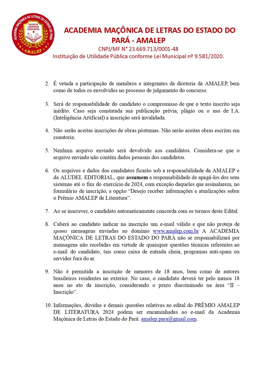 EDITAL “PRÊMIO ACADEMIA MAÇÔNICA DE LETRAS DO ESTADO DO PARÁ DE LITERATURA – 2024”
